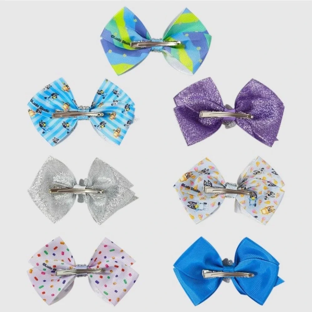 Bluey‎ Bingo 7 Piece Hair Bow Set Kids Alligator Clips Multicolor Glitter Ribbon